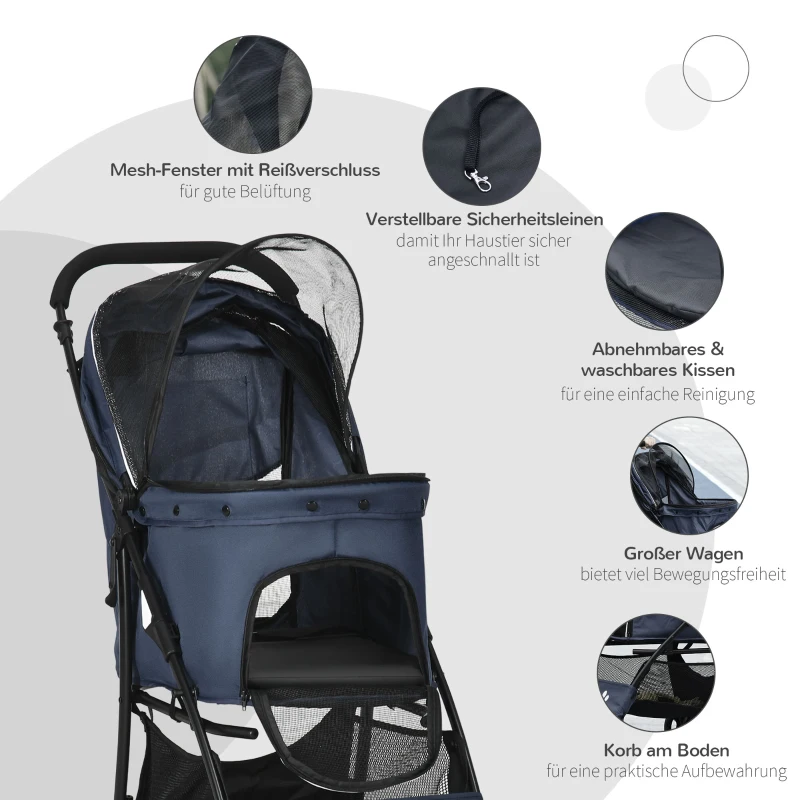 PawHut Hondenbuggy, Opvouwbaar, 1 Mand, 1 Kussen, 1 Zijvak, 81 cm x 48 cm x 99 cm, Marineblauw