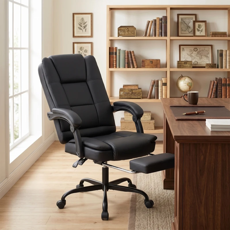 HOMCOM Chaise de bureau ergonomique, fauteuil de bureau inclinable en pu avec repose-pieds rétractable, hauteur réglable, noir