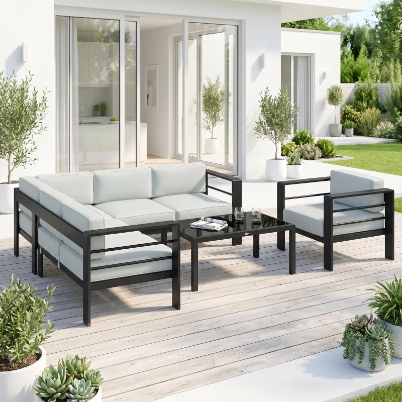 Outsunny 5-Piece Garden Corner Sofa Set with Cushions, 6 Seater Aluminium Garden Furniture Set with Coffee Table, Light Grey