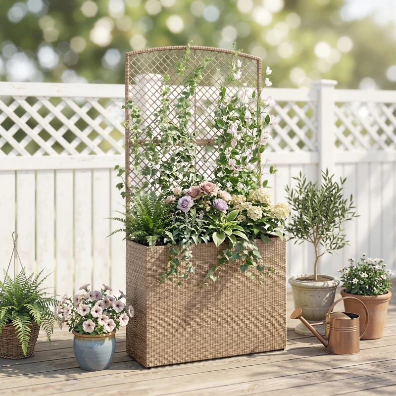 Outsunny Rattan Planter with Trellis, Raised Beds for Garden with Liner for Climbing Plants Vegetables Flowers, Light Grey