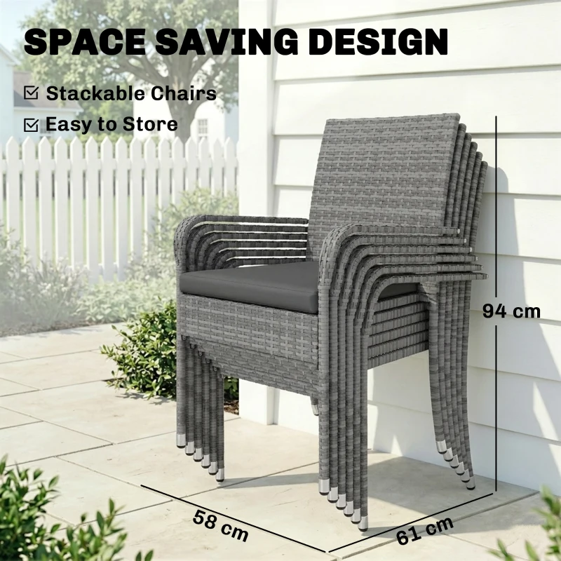 Outsunny 7 Piece Rattan Garden Furniture Set, 6 Seater Garden Table and 6 Stackable Chairs with Extendable Acacia Wood Tabletop