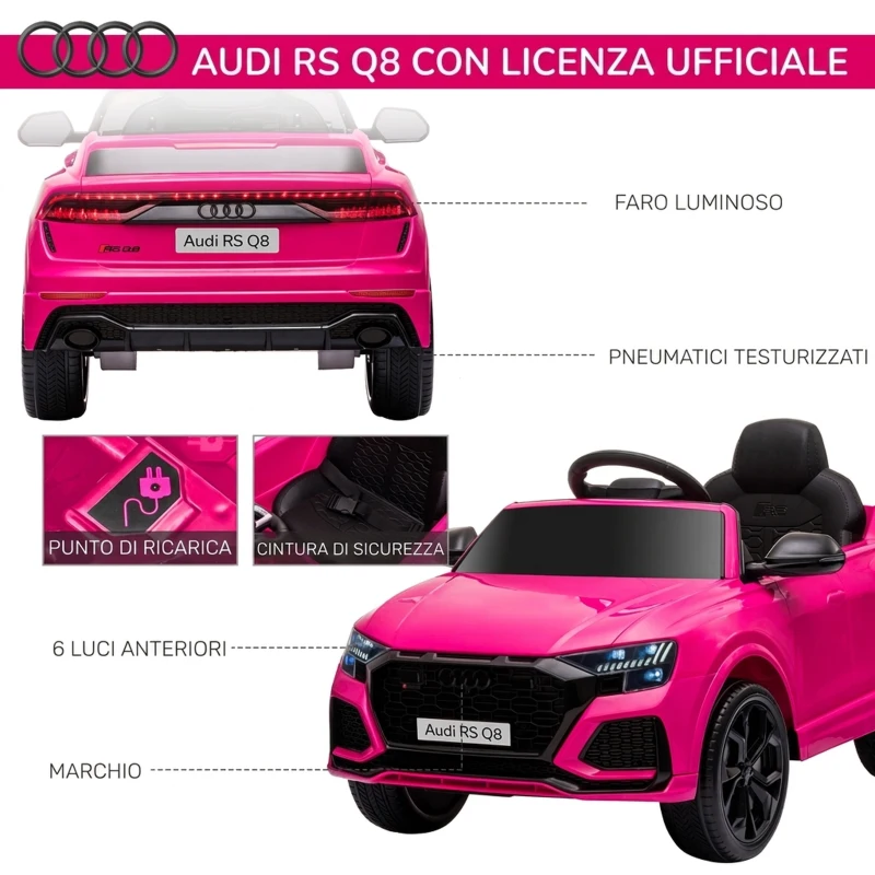 HOMCOM Macchina Elettrica per Bambini 3-5 Anni 6V Audi RS Q8 Autentica, 1.5-3km/h, con Telecomando e Musica, Rosa