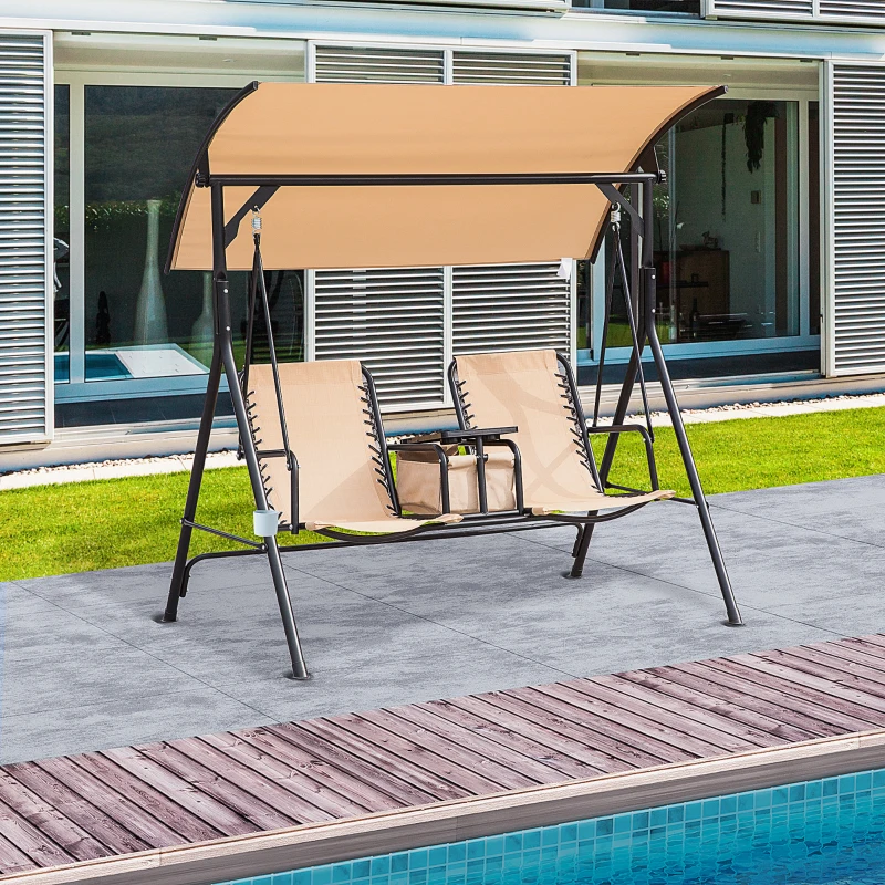 Outsunny Balancelle de Jardin 2 Places Table d'appoint pivotante + Rangement intégré Inclinaison Toit réglable Acier Noir Polyester Beige