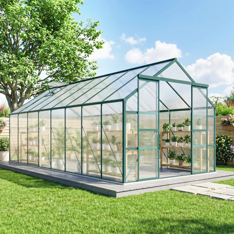 Outsunny Serre de jardin en aluminium polycarbonate avec fondation, serre avec fenêtre réglable porte coulissante 244x500x216cm