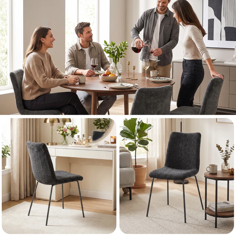 HOMCOM Set de 2 Scaune de Sufragerie, Scaune Bucătărie Tapițate în Catifea, Spătar Curbat, Picioare Metalice, Gri Închis