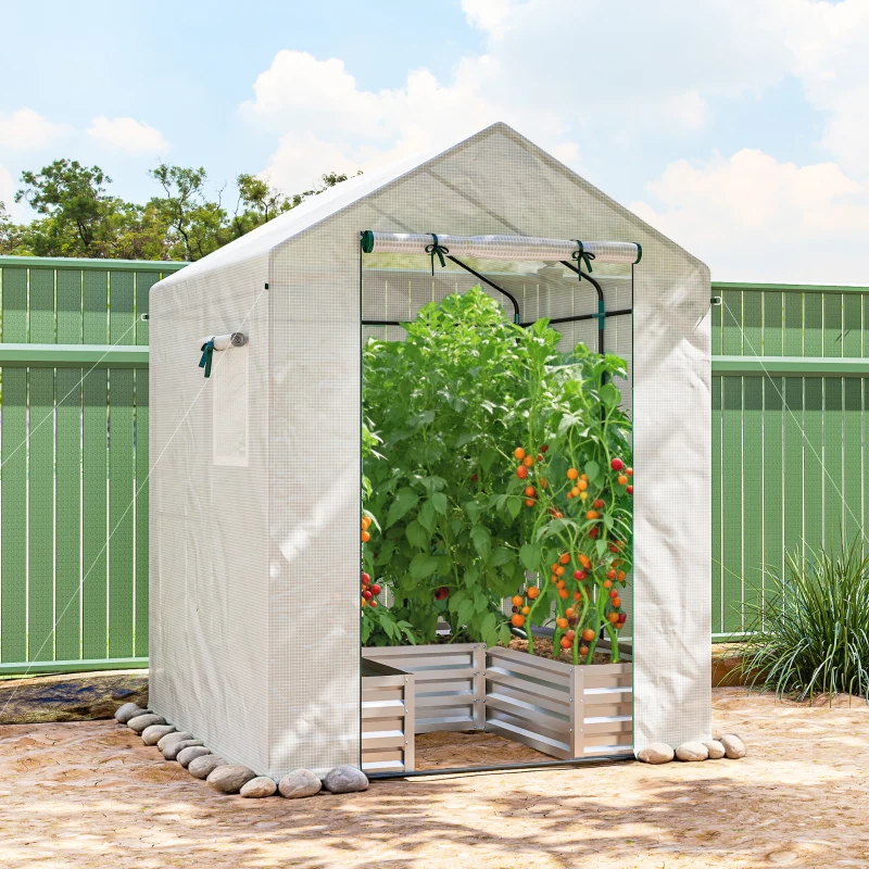 Outsunny Small Greenhouse with Raised Garden Bed, Galvanised Walk-in Greenhouse with Roll Up Windows, 141 x 141 x 190 cm, White