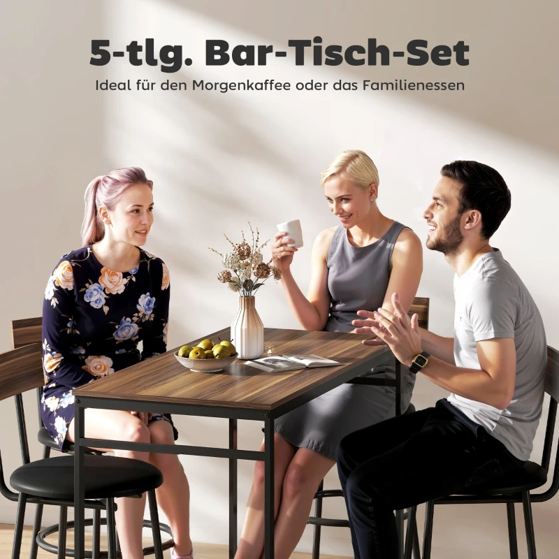HOMCOM 5-delige Bartafelset met 4 Stoelen, Industrieel Design, voor Keuken, Eetkamer, Hout, Staal, Bruin(m-4)
