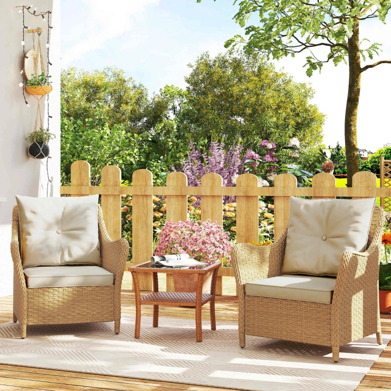 Outsunny Rattan Garden Chairs Set of 2, Outdoor Rattan Chairs with Cushions, Armrests and High Back, PE Wicker Garden Armchair with Steel Frame for Balcony, Porch, Beige