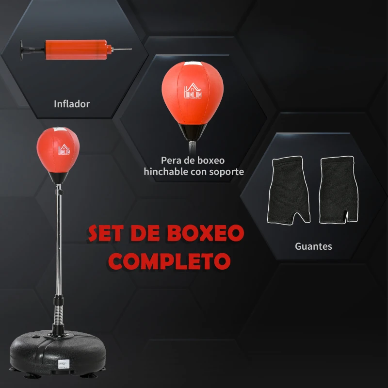 HOMCOM Saco de Boxeo de Pie con Altura Ajustable 133-151 cm Saco de Boxeo con Base Rellenable Guantes e Inflador Negro y Rojo