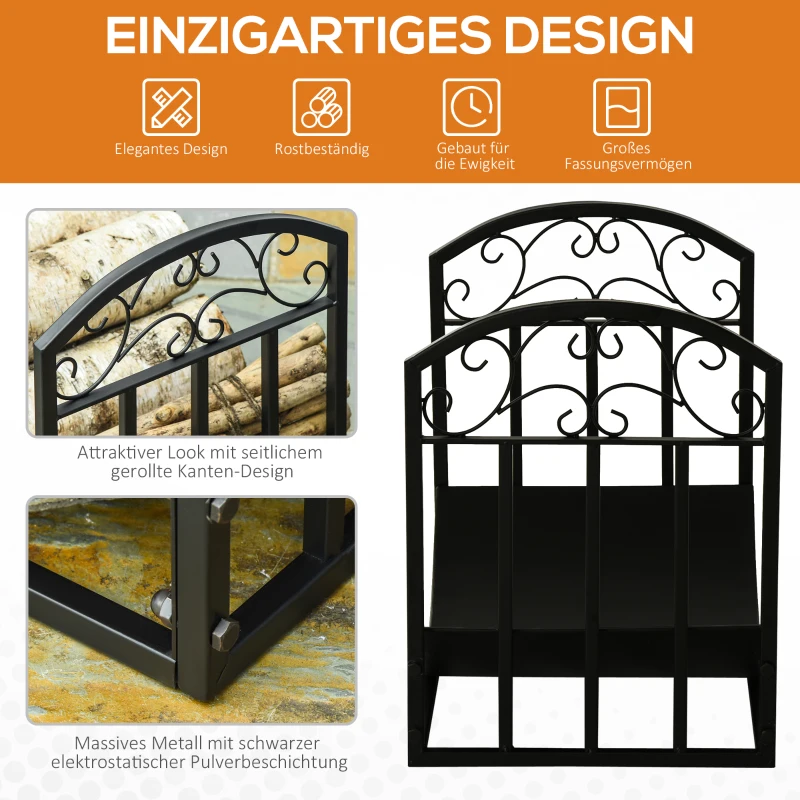 Outsunny openhaardrek brandhoutrek brandhoutrek 60 kg draagvermogen houtrek openhaardtangen metaal zwart 60,5 x 36 x 46,5 cm