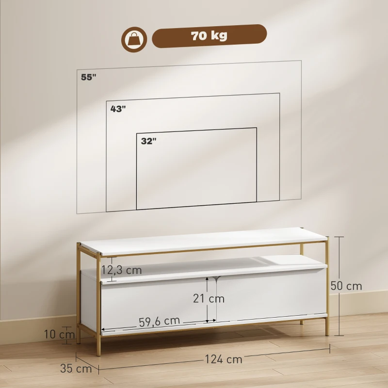 HOMCOM Meuble TV meuble télé pour téléviseur jusqu'à 55 pouces avec 2 portes rabattables et étagère ouverte, 124x35x50cm, blanc