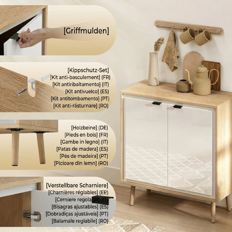 HOMCOM Dulap Modern cu 2 Uși și Raft Reglabil, 72x35x77 cm, Alb Lucios și Stejar