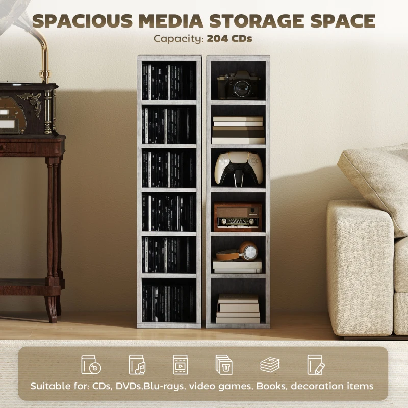 HOMCOM Set of 2 CD Media Display Shelf Unit Tower Rack with Adjustable Shelves, Cement Grey