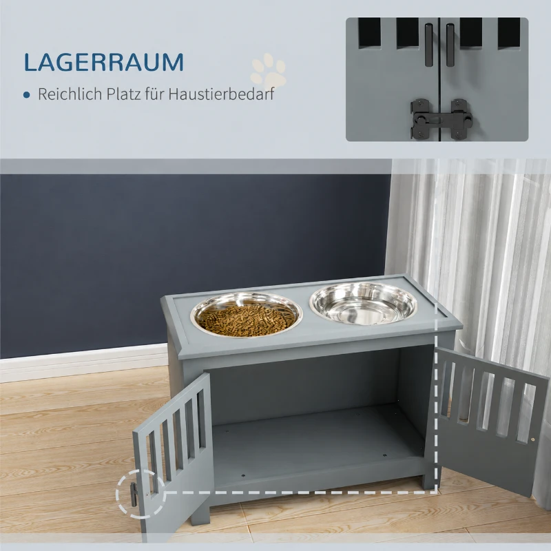 PawHut Erhöhte Futterstation für große Hunde, 2 Edelstahlnäpfe, Stauraum, 35,5x60x30 cm, Grau