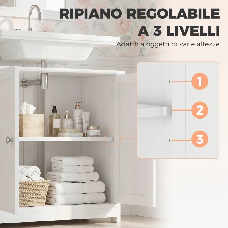 kleankin Mobile Sottolavabo a 2 Ante con Ripiano Regolabile e Intaglio a U, 60x30x60 cm, Bianco