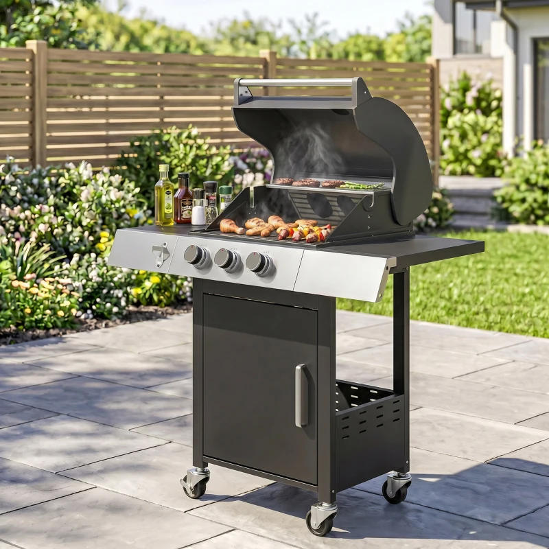 Outsunny Barbacoa de Gas con 3 Quemadores 8,1 kW Termómetro Parrillas Mesas Laterales Armario y Ruedas 109x50x109 cm Negro
