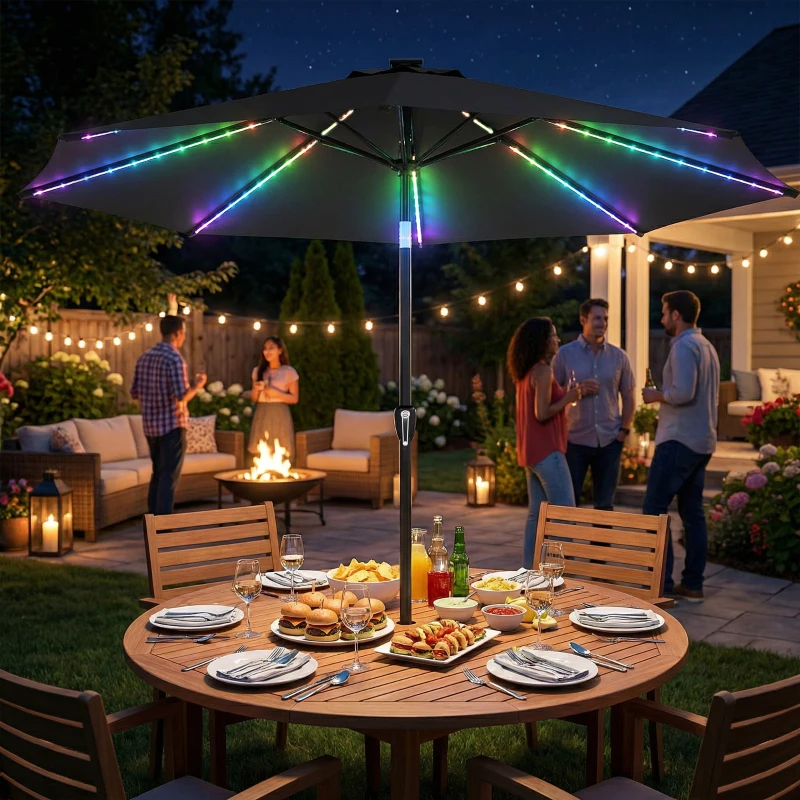 Outsunny 3 m Garden Parasol Umbrella with 112 Solar Powered LED Lights, Patio Umbrella with Crank Handle, Black