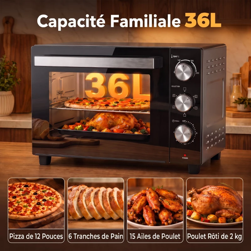 HOMCOM Mini-Four avec Broche Rotative 36L 1500 W, Four à Convection Multifonction, Chaleur Tournante, Minuterie 60 min, Argenté