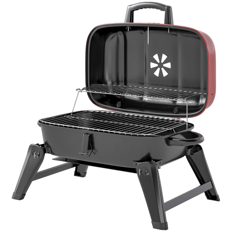 Outsunny Charcoal Barbecue Grill Folding Portable BBQ Grill for Camping with 1232 cm² Cooking Area, Adjustable Vent, Thermometer, Handles for Picnic, 59 x 37 x 36 cm, Red