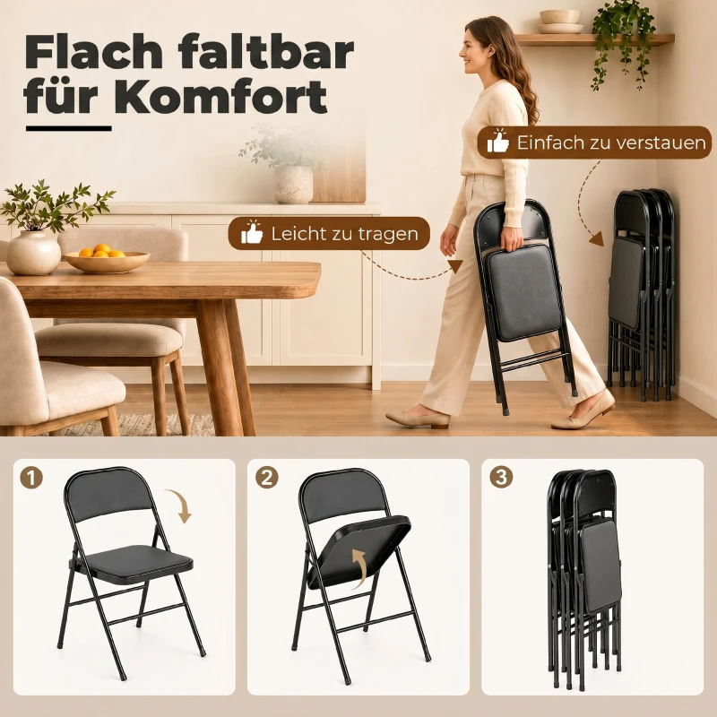 HOMCOM 4-delige set klapstoelen, draagbare bureaustoelen, metalen poten, vouwstoel voor kantoor, receptie, wachtruimte, kunstleer, zwart(m-6)