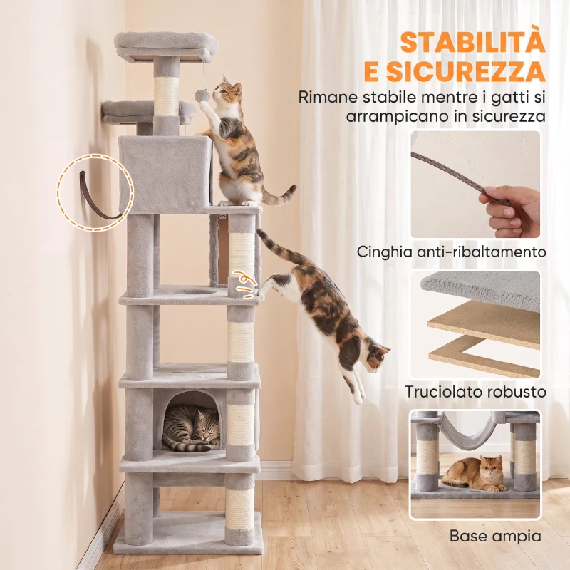 PawHut Tiragraffi per Gatti Grande Alto 204 cm Multilivello, 8 Pali in Sisal, 2 Casette, Amaca, Grigio Chiaro