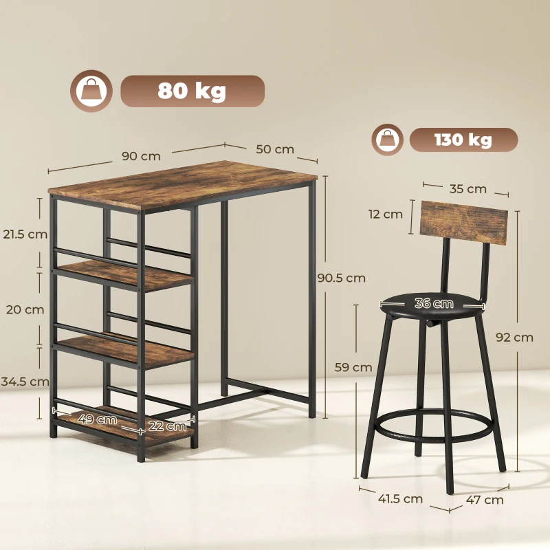 HOMCOM Space Saving Bar Table and PU Leather Stools for 2, 3 Piece Breakfast Bar Table Set with Storage Shelves, Rustic Brown