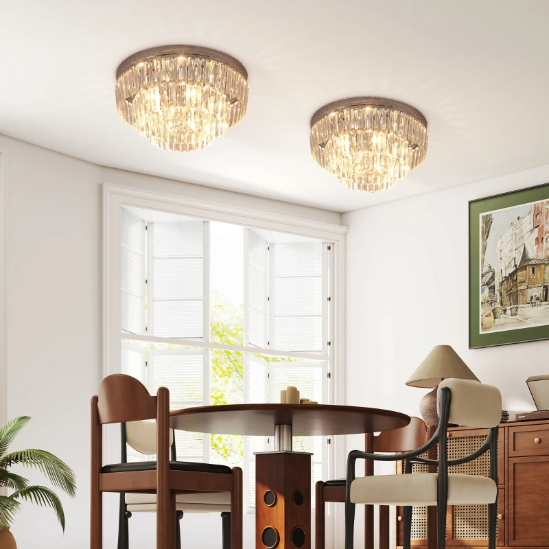 HOMCOM Set of 2 Modern Crystal Ceiling Lights, Chandeliers, Pendant Lamps w/ 7 Lights, E14 Fittings for Living Room, Bedroom, Silver