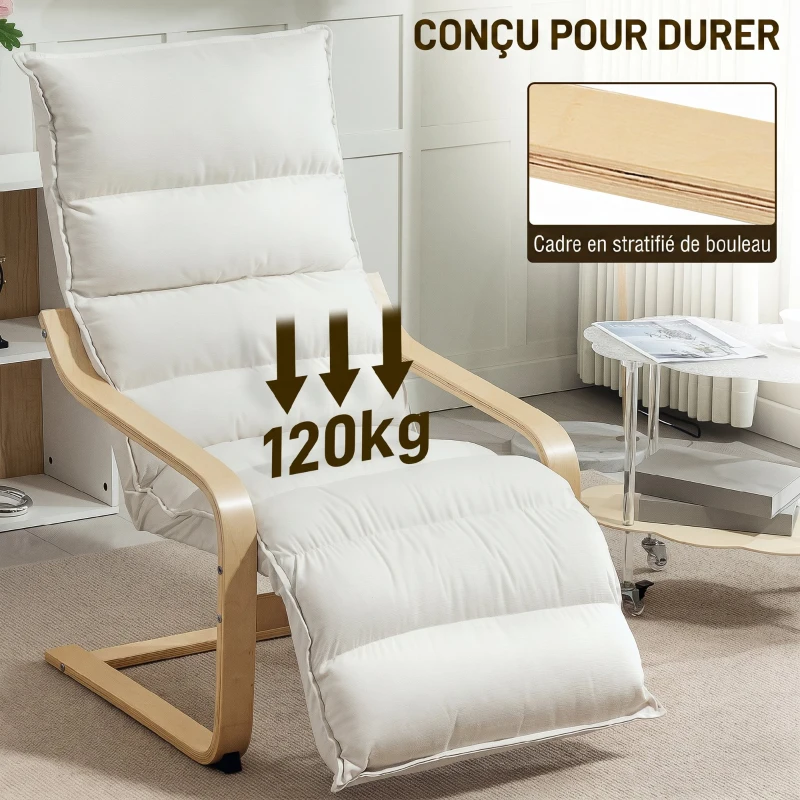 HOMCOM Fotoliu Relax din Lemn și Catifea cu Suport pentru Picioare, Crem