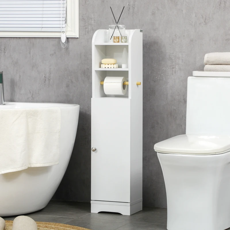 kleankin Portarrollos de Papel Higiénico con Armario para Baño con Estante Interior Ajustable 23x18x100 cm Blanco