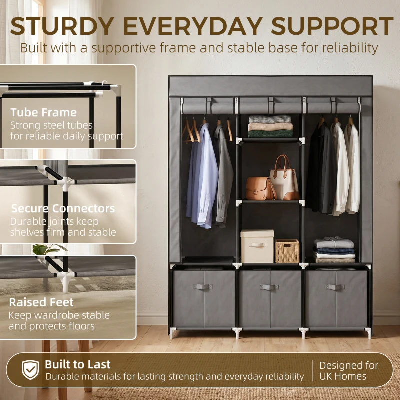 HOMCOM Foldable Fabric Wardrobe for Bedroom, Portable Wardrobe with 5 Shelves, 2 Hanging Rails and 3 Fabric Drawers, Dark Grey