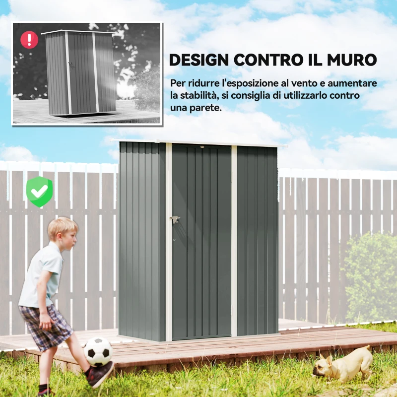 Outsunny Capanno Porta Attrezzi in Metallo con Tetto Inclinato e Porta Bloccabile, 142x86x189 cm, Grigio Chiaro