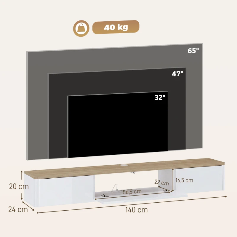 HOMCOM Móvel de TV Suspenso Até 165,1 cm com 2 Gavetas Armário Luzes LED RGB Tomadas Branco e Cor Madeira