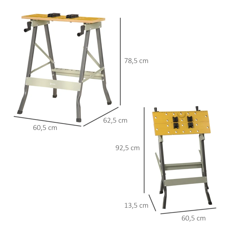 DURHAND Banco de Trabajo Plegable 4 en 1 Mesa de Trabajo con 4 Abrazaderas 2 Manivelas 62,5x60,5x78,5 cm Natural y Gris