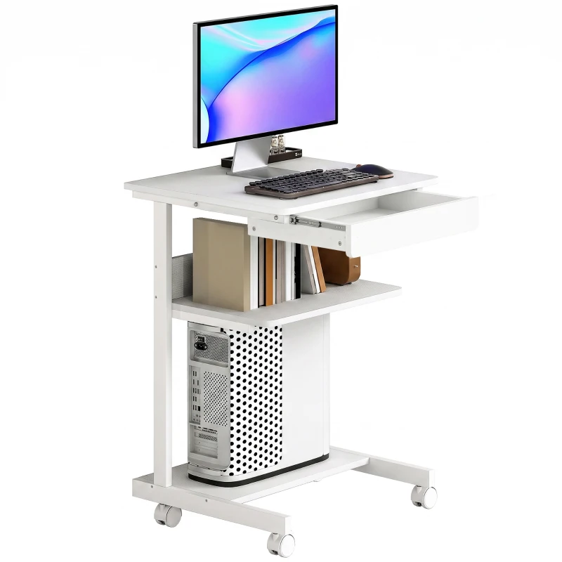 HOMCOM Bureau d'ordinateur sur roues, bureau avec rangement 56 x 51 cm avec tiroir, compartiment et support CPU, blanc