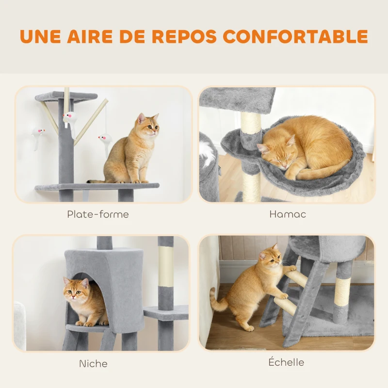 PawHut Arbre à Chat Tour de Jeux pour Chats Stable Multi-Niveaux avec Niche 3 Plate-Formes Hamac 60x35x134cm Gris