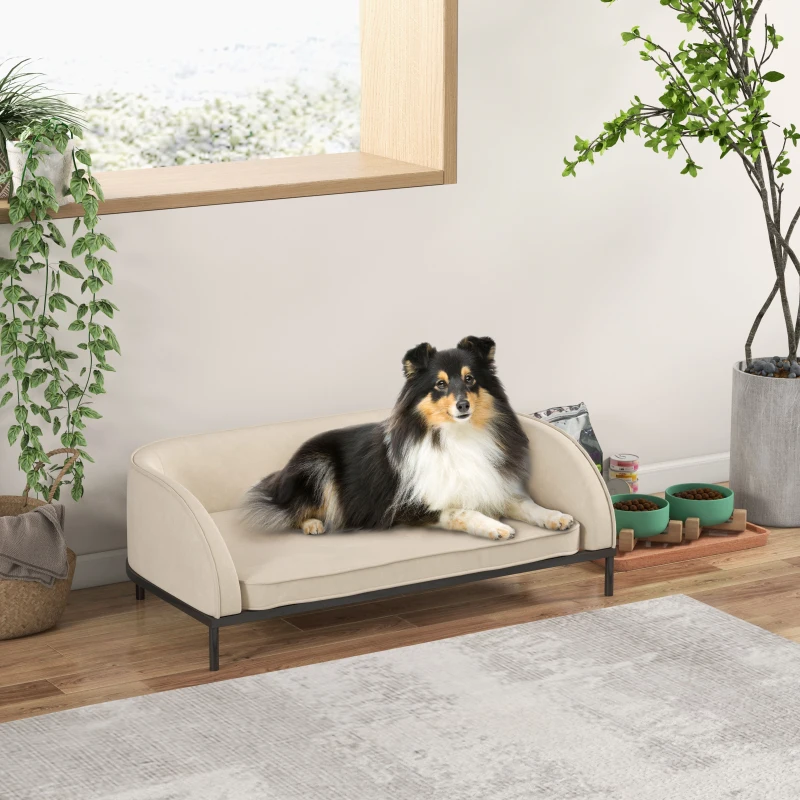 PawHut Canapé pour chien lit surélevé coussin déhoussable pieds en acier velours 101,5 x 62 x 34,5 cm blanc crème noir