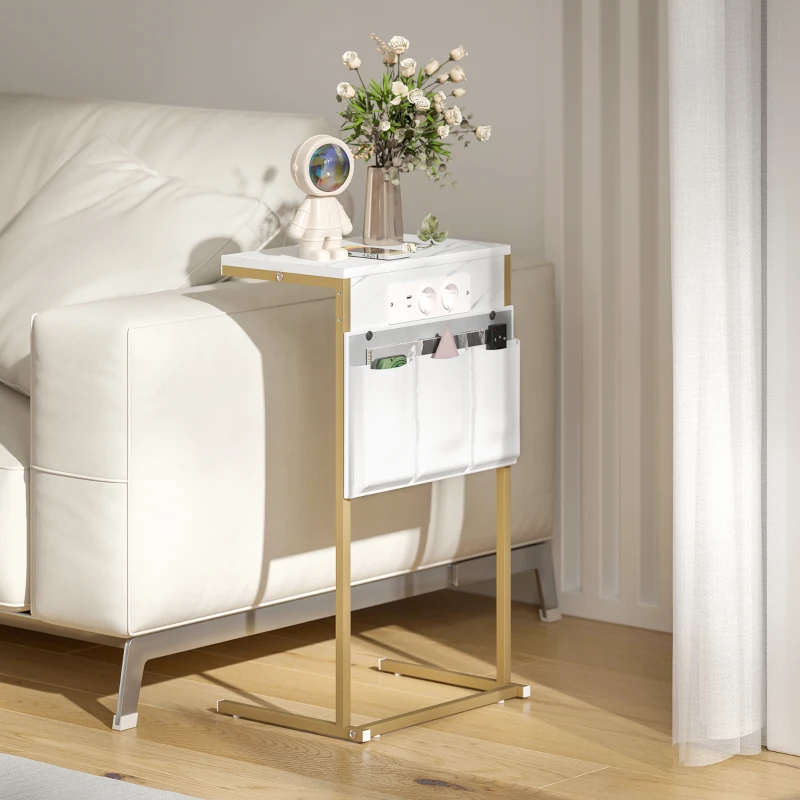 HOMCOM Tavolino da Salotto a Forma di C Effetto Marmo con Prese di Corrente e USB Integrate, Bianco