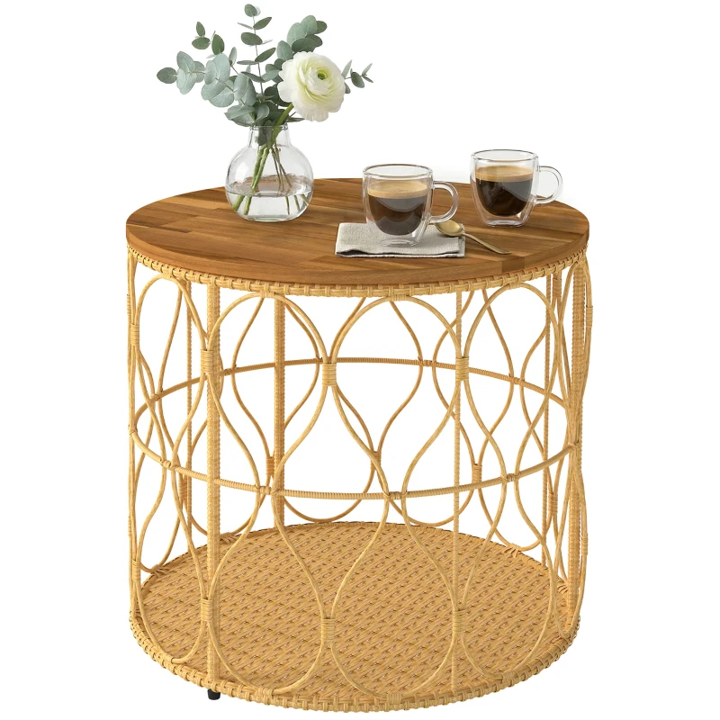 Outsunny Bijzettafel Ø50 cm weerbestendig Tuintafel met rotanlook Acaciahouten tafelblad verstelbare voetjes Teak