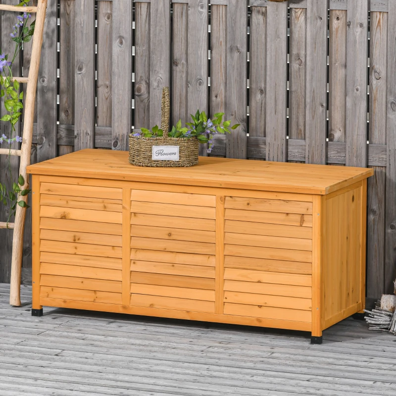 Outsunny Baúl de Madera Exterior Caja de Almacenamiento de Jardín con Tapa Abrible y Diseño Persiana 127x56x60 cm Natural