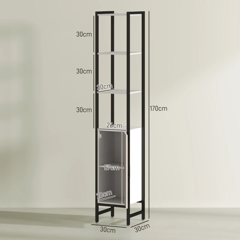 HOMCOM Armario Alto de Baño con 3 Estantes Abiertos 1 Puerta y Estante Ajustable Anti-vuelco 30x30x170 cm Blanco y Nogal