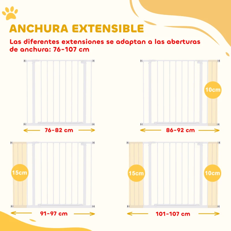 PawHut Barrera de Seguridad Extensible para Puertas y Escaleras para Perros y Bebé, Barrera para Mascotas, Ajuste a Presión, Apertura con Una Sola Mano, 2 Extensiones 15/10 cm, 76-107x76 cm, Blanco