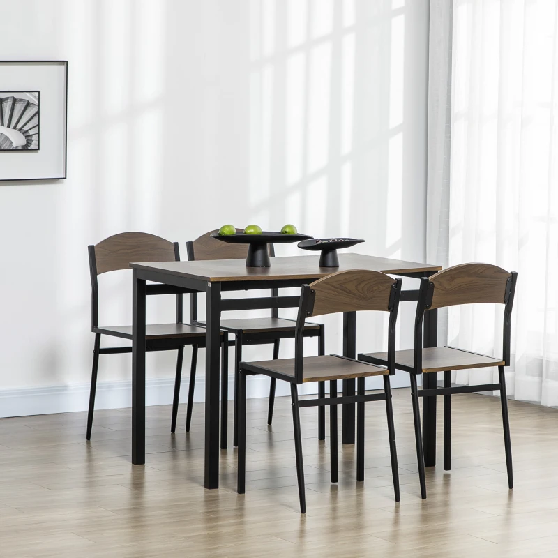 HOMCOM Conjunto de Mesa y 4 Sillas de Comedor para 4 Personas, Estilo Moderno con Estructura Metálica, Marrón Oscuro y Negro