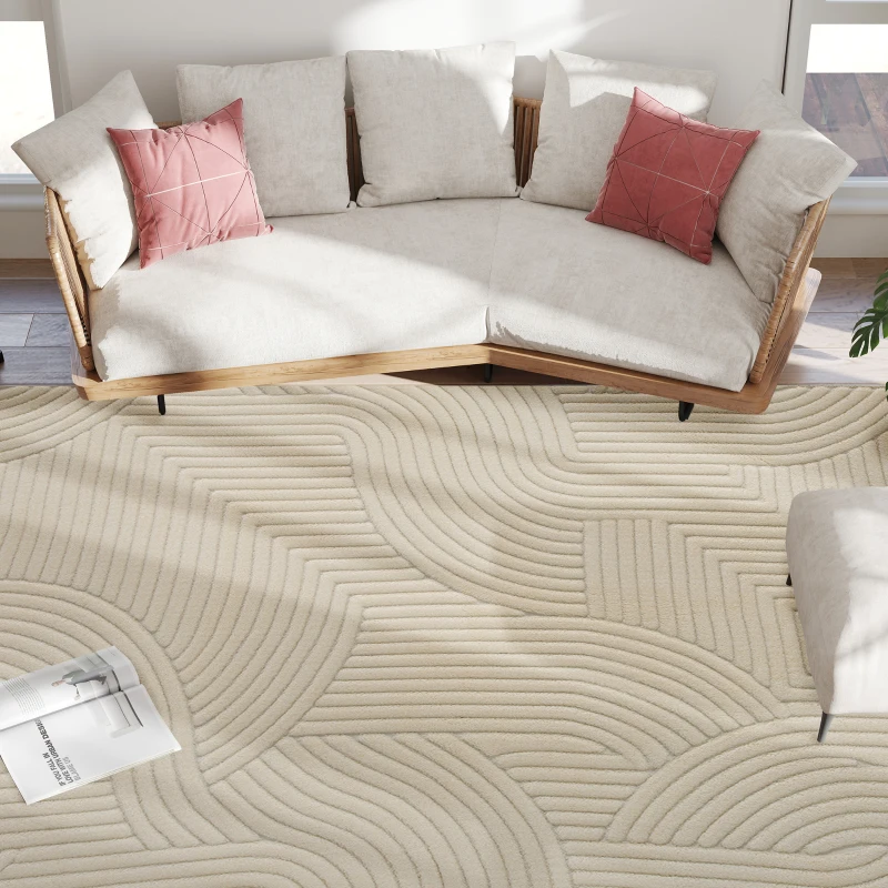 HOMCOM Tapis salon 160 x 120 cm, tapis à poils épais géométrique, moelleux et antidérapant, crème