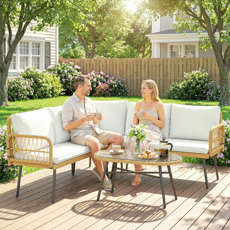 Outsunny Polyrattan Tuinmeubelset 4-delig, Loungeset met Hoekbank Tweezitsbank Glazen Tafel Afneembare Kussens voor 5 Personen