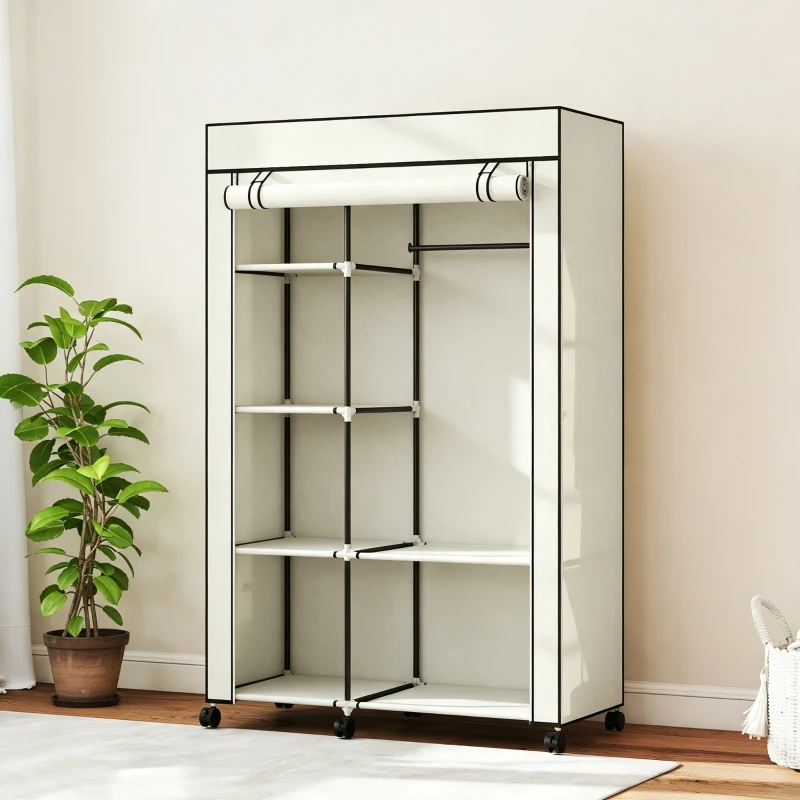 HOMCOM Armoire penderie en tissu meuble de rangement 6 roulettes tringle à vêtements et étagères ouvertes 103x43x162,5cm crème