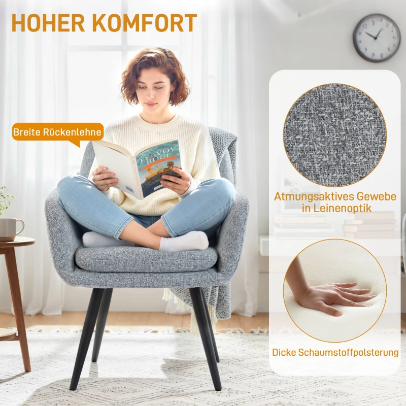 HOMCOM Moderne accentstoel, gestoffeerde stoel met metalen poten, linnenlook, lichtgrijs