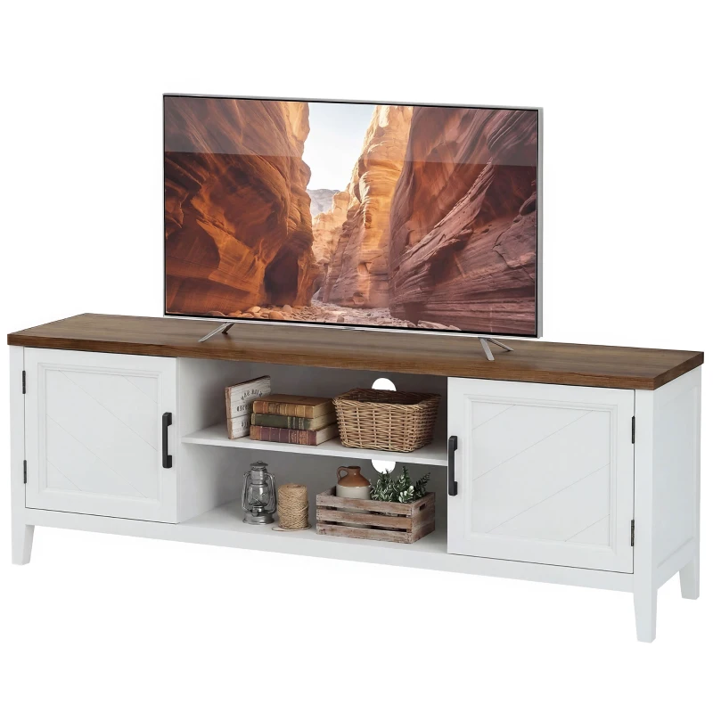 HOMCOM Meuble TV 140 cm, meuble télé pour téléviseur jusqu'à 65 pouces avec 2 portes, 2 compartiments ouverts, blanc et marron