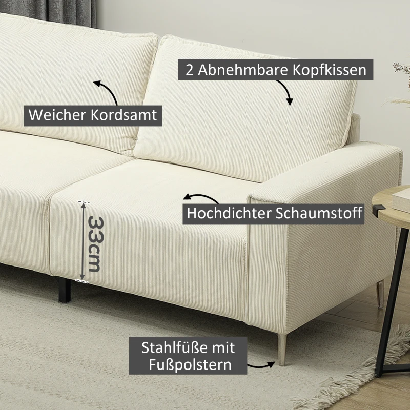 HOMCOM Moderne 3-zitsbank, zachte bank met rugkussens, gestoffeerde bank voor woonkamer, slaapkamer, homeoffice, Crèmewit
