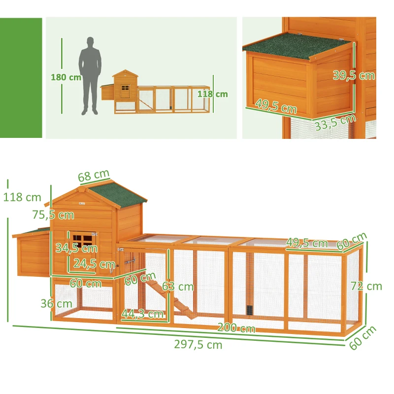 PawHut Poulailler en bois poulailler pour poules extérieur avec pondoir bac amovible en bois massif 297,5 x 68 x 118 cm orange