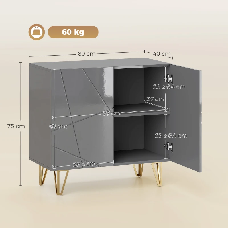 HOMCOM Modern Luxe High Gloss Sideboard, with Hairpin Legs - Grey